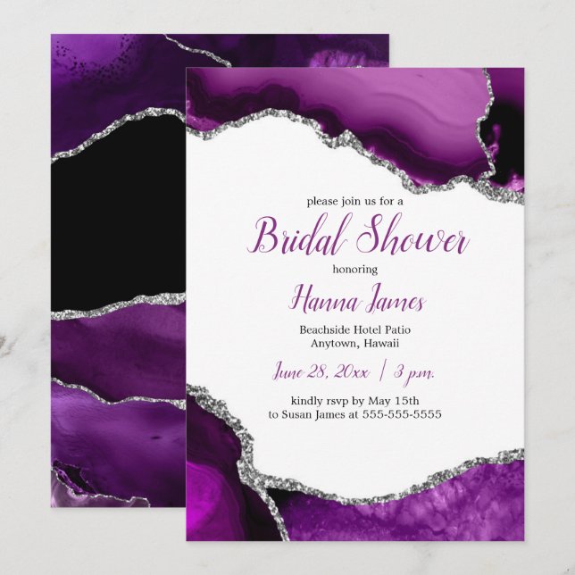Invitación Agate Bridal Shower, Purpurina de plata morada (Anverso / Reverso)