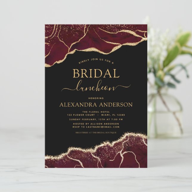 Invitación Agate Burgundy Bridal Shower Luncheon Gold Invitat (Anverso de pie)