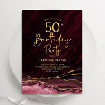 Invitación Agate Burgundy Gold 50 cumpleaños<br><div class="desc">Invitación a la fiesta de cumpleaños número 50 de Borgoña y oro. Elegante diseño moderno con color de agua de marsala roja oscura agate fondo geodésico de mármol, oro falso purpurina y letra de escritura tipográfica. La carta de invitación de moda es perfecta para una elegante celebración del cumpleaños de...</div>