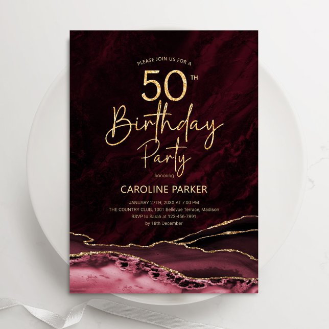 Invitación Agate Burgundy Gold 50 cumpleaños (Subido por el creador)