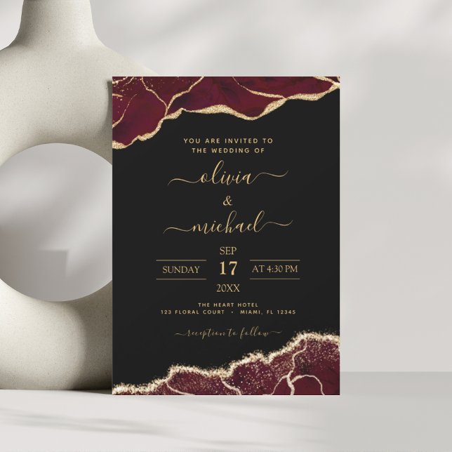 Invitación Agate Burgundy Gold Black Modern Boda (Subido por el creador)