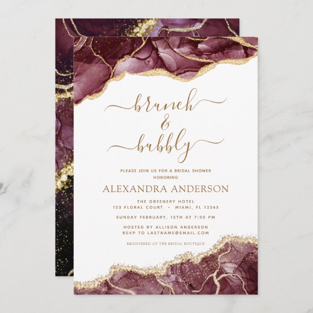 Invitación Agate Burgundy Gold Brunch & Bubbly Bridal Shower (Anverso / Reverso)