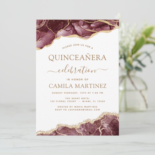 Invitación Agate Burgundy Quinceañera Gold 15th Birthday Invi (Anverso de pie)