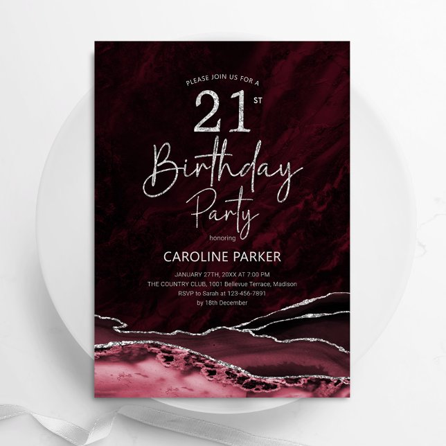 Invitación Agate Burgundy Silver 21 cumpleaños (Subido por el creador)
