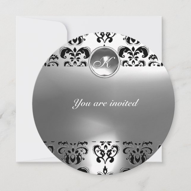 Invitación AGATE DAMASK GEM STONE MONOGRAM blanco negro (Anverso)
