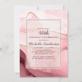 Invitación Agate de mármol de oro rosa de Borgoña 40 cumpleañ