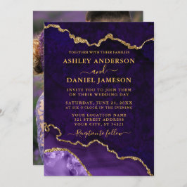 Invitación Agate de mármol púrpura Geode Foto Boda Gold