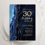 Invitación Agate de oro azul de la marina, 30 años<br><div class="desc">Invitación a la fiesta de cumpleaños número 30 de los marineros azules y dorados. Elegante diseño moderno con acuarela azul real agate mármol fondo geodésico, oro falso purpurina y letra de escritura tipográfica. La carta de invitación de moda es perfecta para una elegante celebración del cumpleaños de las mujeres. Invitaciones...</div>