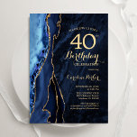 Invitación Agate de oro azul de la marina 40 cumpleaños<br><div class="desc">Invitación a la fiesta de cumpleaños número 40 de los marineros azules y dorados. Elegante diseño moderno con acuarela azul real agate mármol fondo geodésico, oro falso purpurina y letra de escritura tipográfica. La carta de invitación de moda es perfecta para una elegante celebración del cumpleaños de las mujeres. Invitaciones...</div>