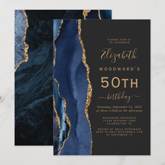 Invitación Agate de oro azul de la marina Fiesta de cumpleaño (Anverso / Reverso)