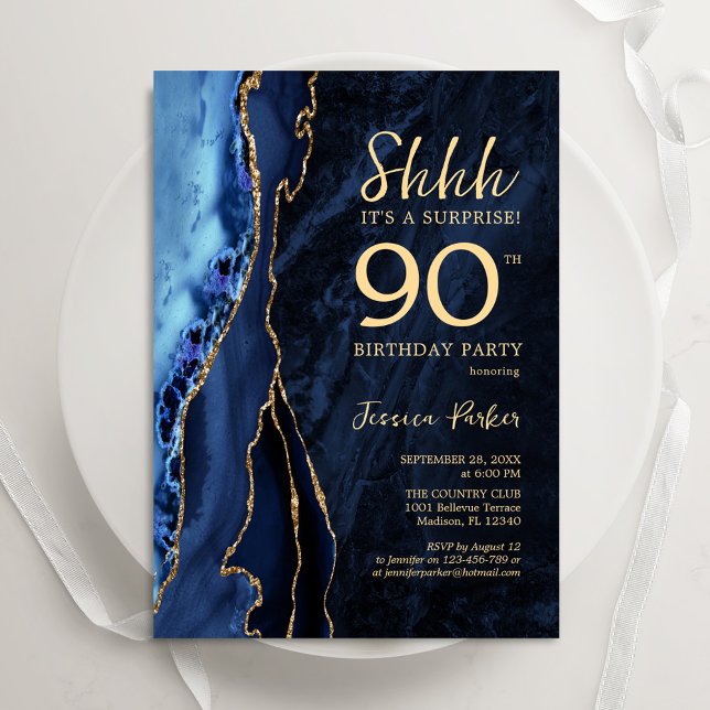 Invitación Agate de oro azul de la marina sorprende 90 cumple (Subido por el creador)
