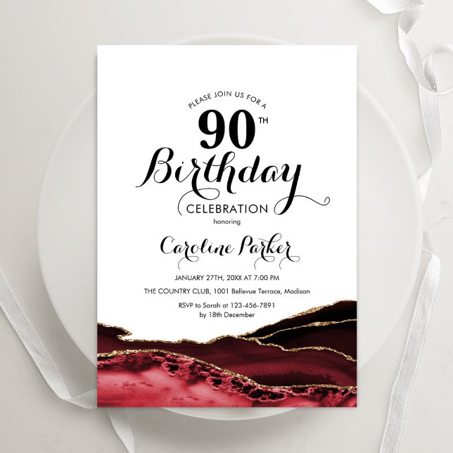 Invitación Agate de Oro Blanco Rojo 90 cumpleaños (Subido por el creador)