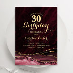 Invitación Agate de oro de Borgoña, 30 años<br><div class="desc">Invitación a la fiesta de cumpleaños número 30 de Borgoña y oro. Elegante diseño moderno con vino de marsala, acuarela de color rojo oscuro con fondo geodésico de mármol, oro falso purpurina y letra de escritura tipográfica. La carta de invitación de moda es perfecta para una elegante celebración del cumpleaños...</div>