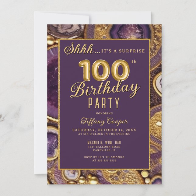 Invitación Agate de oro morado sorprende 100 cumpleaños (Anverso)