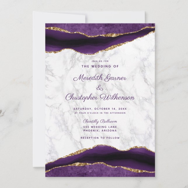 Invitación Agate de oro morado y Boda de mármol (Anverso)