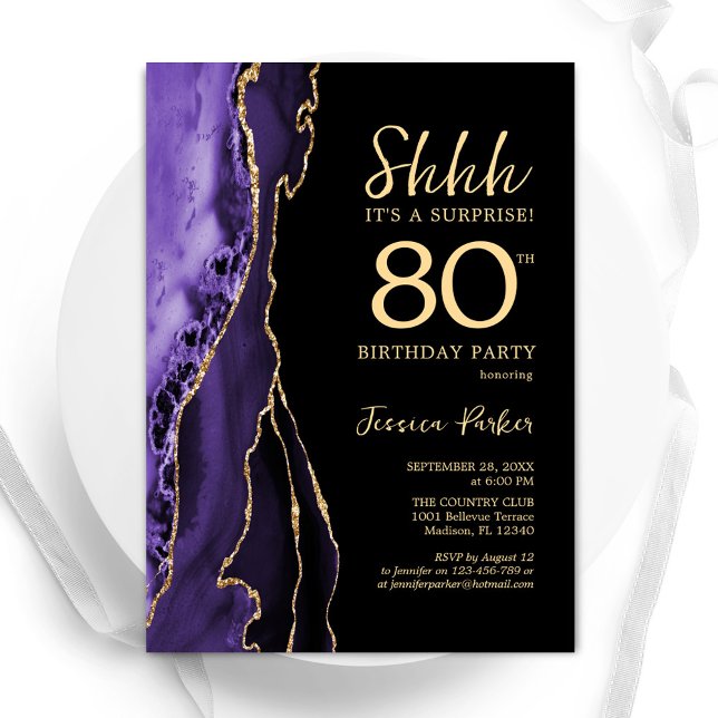 Invitación Agate de oro negro morado sorprende 80 cumpleaños (Subido por el creador)