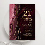Invitación Agate de oro rojo de Borgoña 21 cumpleaños<br><div class="desc">Invitación a la fiesta de cumpleaños 21 de Borgoña y oro. Elegante diseño moderno con marsala de color rojo oscuro agate el fondo geodésico de mármol, oro falso purpurina y letra de escritura tipográfica. La carta de invitación de moda es perfecta para una elegante celebración del cumpleaños de las mujeres....</div>