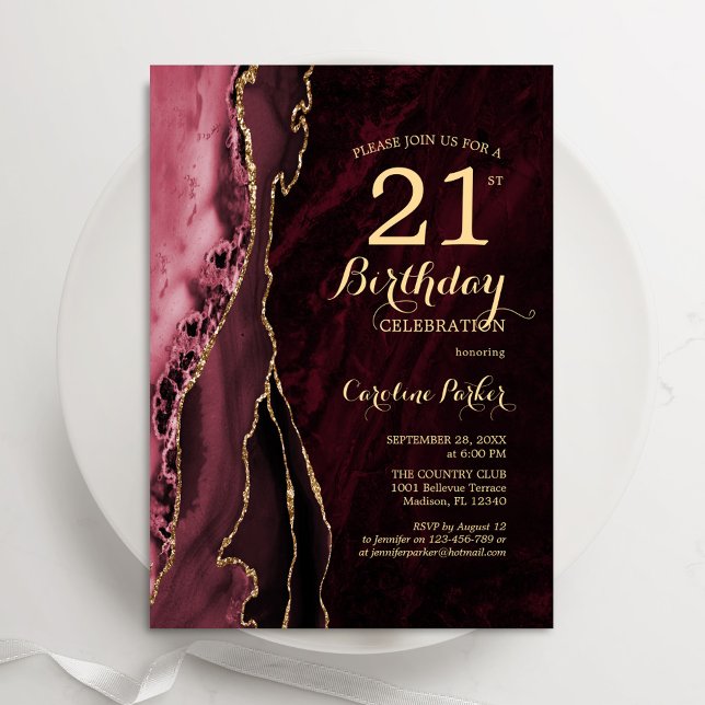 Invitación Agate de oro rojo de Borgoña 21 cumpleaños (Subido por el creador)