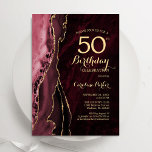 Invitación Agate de oro rojo de Borgoña 50 cumpleaños<br><div class="desc">Invitación a la fiesta de cumpleaños número 50 de Borgoña y oro. Elegante diseño moderno con decoración marsala de color rojo oscuro agate el fondo geodésico de mármol, oro falso purpurina y letra de escritura tipográfica. La carta de invitación de moda es perfecta para una elegante celebración del cumpleaños de...</div>