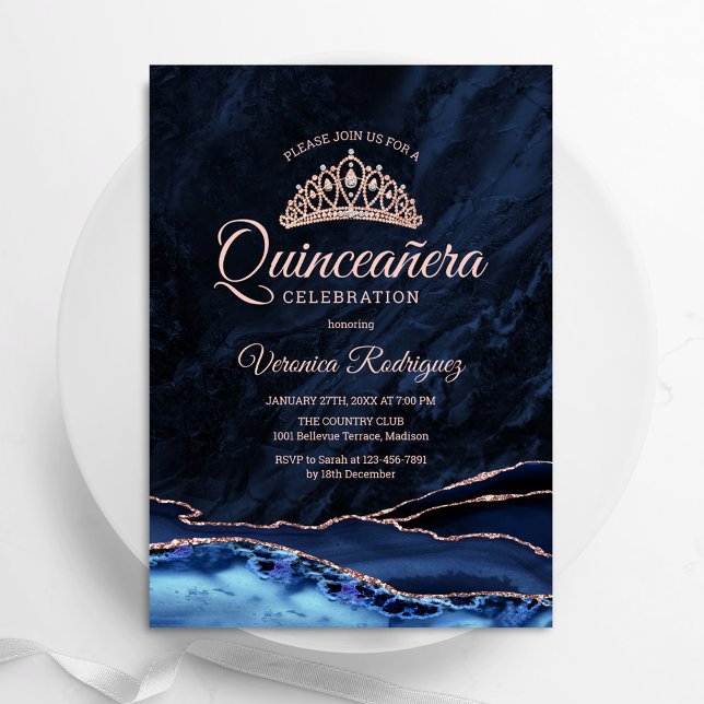 Invitación Agate de oro Rosa azul de la marina Quinceanera (Subido por el creador)