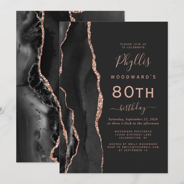 Invitación Agate de oro Rosa negro fiesta de cumpleaños 80 (Anverso / Reverso)