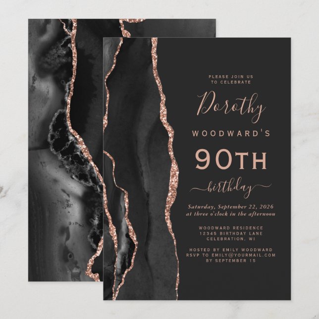 Invitación Agate de oro Rosa negro fiesta de cumpleaños 90 (Anverso / Reverso)