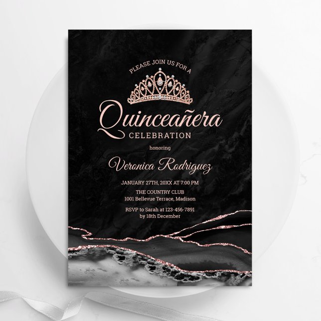 Invitación Agate de oro Rosa negro Quinceanera (Subido por el creador)