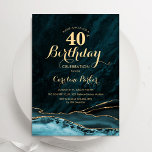 Invitación Agate de oro verde azulado 40 cumpleaños<br><div class="desc">Invitación a la fiesta de cumpleaños número 40, verde azulada y de oro. Elegante diseño moderno con una acuarela azul turquesa y un fondo geodésico de mármol, oro falso purpurina y letra de escritura tipográfica. La carta de invitación de moda es perfecta para una elegante celebración del cumpleaños de las...</div>