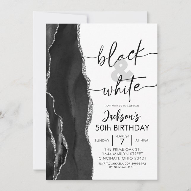 Invitación Agate Elegant Black White Birday Party (Anverso)