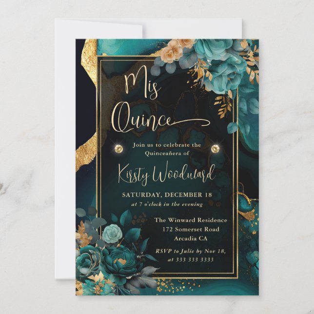 Invitación Agate floral de lujo Verde azulado y dorado Quince (Anverso)