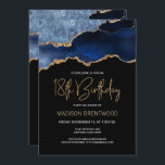 Invitación Agate Geode Blue Gold 18th Birthday Party<br><div class="desc">Esta moderna invitación a los 18 años presenta una acuarela de un ágate gede tonos azules con finos toques dorados. Las palabras "18º cumpleaños" aparecen en un falso purpurina de oro en letra decorativa moderna de escritura a mano. Personalizar con el nombre del honorario en texto de color dorado y...</div>