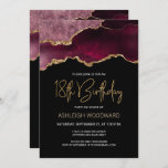 Invitación Agate Geode Burgundy Gold 18th Birthday Party<br><div class="desc">Esta moderna invitación a los 18 años presenta una acuarela de agate gede tonos burdeos con detalles de oro falsos. Las palabras "18th Birthday" aparecen en purpurina de imitación dorada en letra decorativa moderna de escritura a mano. Personalizar con el nombre del honorario en texto de color dorado y los...</div>