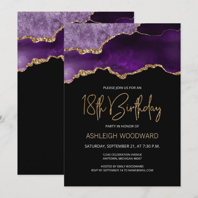 Invitación Agate Geode Purple Gold 18th Birthday Party (Anverso / Reverso)