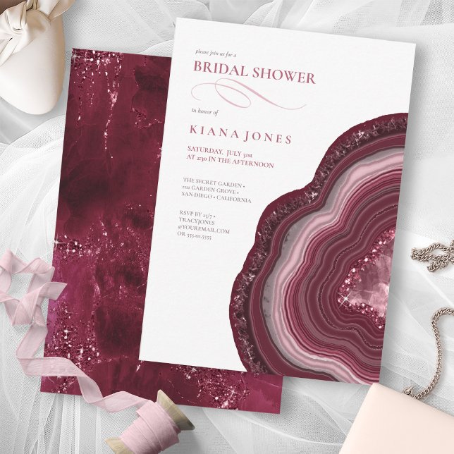 Invitación Agate Geode Purpurina Bridal Shower Burgundy ID647 (Front/Back In Situ)
