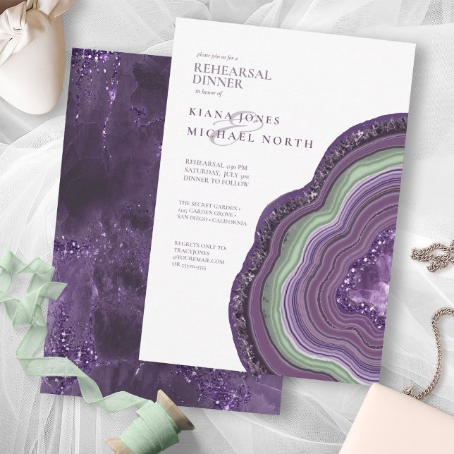 Invitación Agate Geode Purpurina ensayo de cena Violet ID647 (Front/Back In Situ)