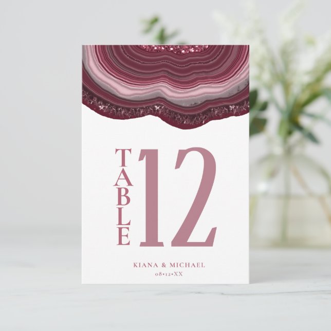 Invitación Agate Geode Purpurina Número de tabla Borgoña ID64 (Anverso de pie)
