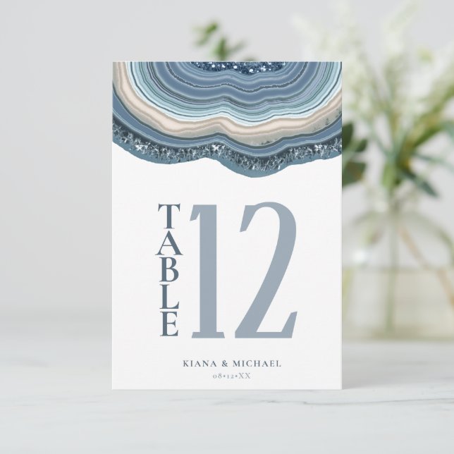 Invitación Agate Geode Purpurina Número de tabla Dusty Blue I (Anverso de pie)