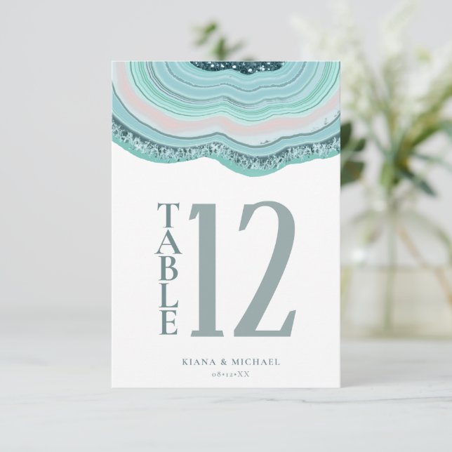 Invitación Agate Geode Purpurina Número de tabla Verde azulad (Anverso de pie)