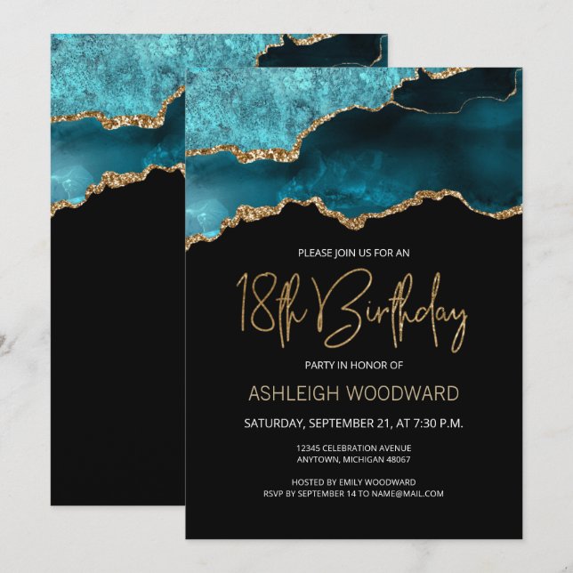 Invitación Agate Geode Verde azulada Gold 18th Birthday Party (Anverso / Reverso)