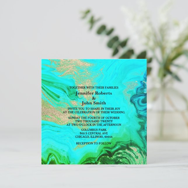 Invitación Agate Geode Verde azulado Boda de Purpurina de oro (Anverso de pie)
