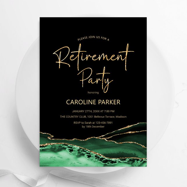 Invitación Agate Green Black Gold Retirement Fiesta (Subido por el creador)