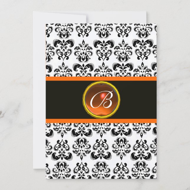 Invitación AGATE MONOGRAM, NARANJA de DAMASK, blanco y negro (Anverso)