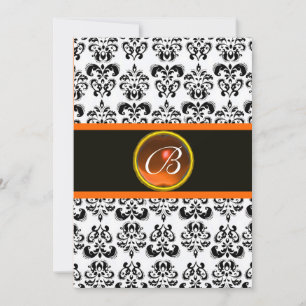 Invitación AGATE MONOGRAM, NARANJA de DAMASK, blanco y negro