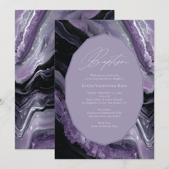Invitación Agate morado bautismo moderno para la crianza de l (Anverso / Reverso)
