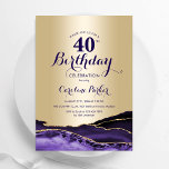 Invitación Agate morado de oro 40 cumpleaños<br><div class="desc">Invitación a la fiesta de cumpleaños 40 años morado y dorado. Elegante diseño moderno con fondo geodésico de mármol agate acuarela, oro falso purpurina y tipografía de escritura. La carta de invitación de moda es perfecta para una elegante celebración del cumpleaños de las mujeres. Invitaciones Zazzle impresas o una plantilla...</div>