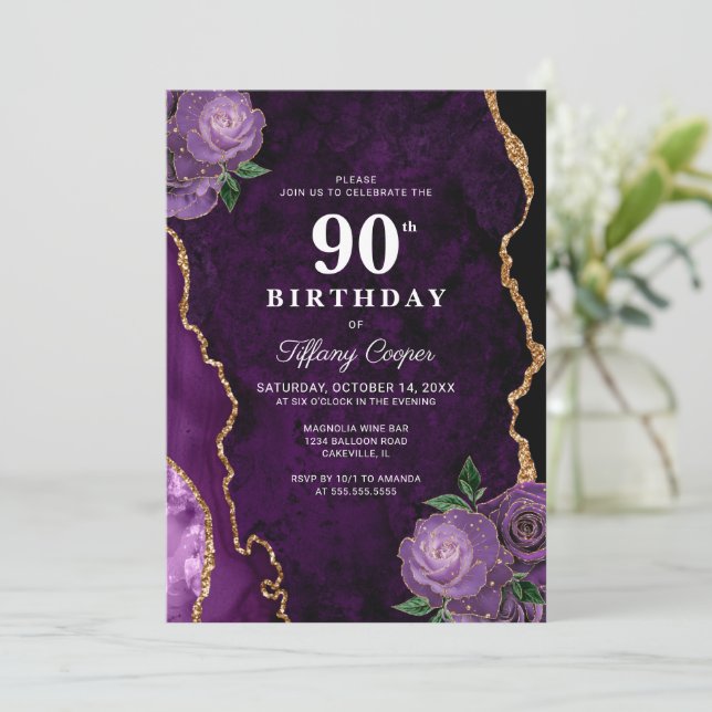 Invitación Agate morado de oro 90 cumpleaños (Anverso de pie)