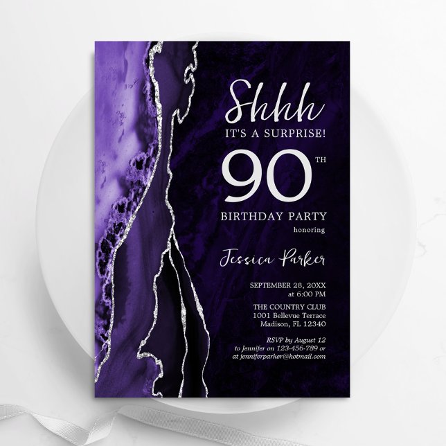 Invitación Agate morado de plata sorprende 90 cumpleaños (Subido por el creador)