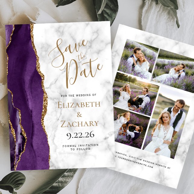 Invitación Agate Morado Mármol 5-Fotos Save the Date (Subido por el creador)