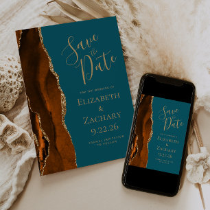 Invitación Agate Naranja Quemado Oro Verde Teal Foto Guardar 