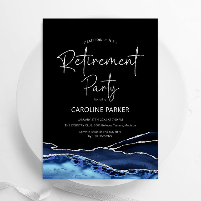 Invitación Agate Navy Blue Black Silver Retirement Fiesta (Subido por el creador)